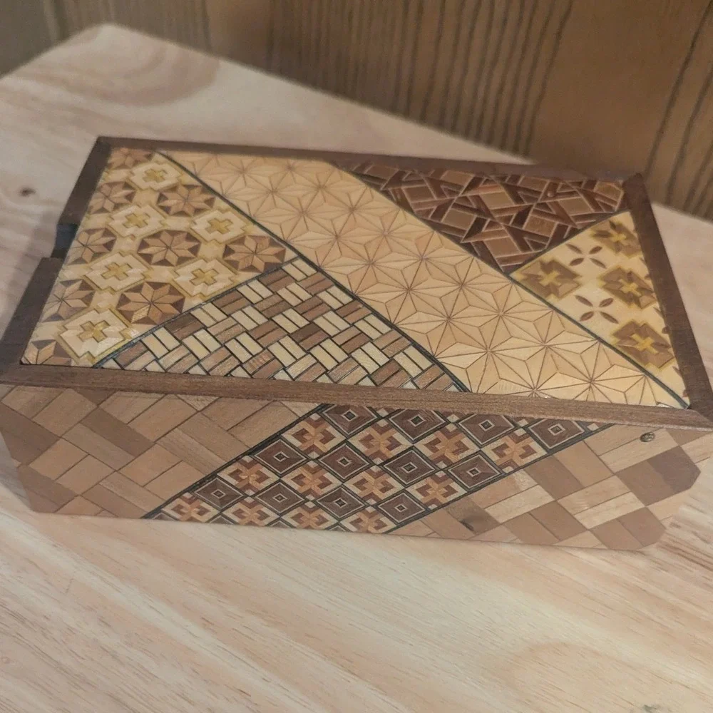 VTG Japanese Hakone Yosegi Zaiku Wood Mosaic Jewelry Box with Mirror Marquetry